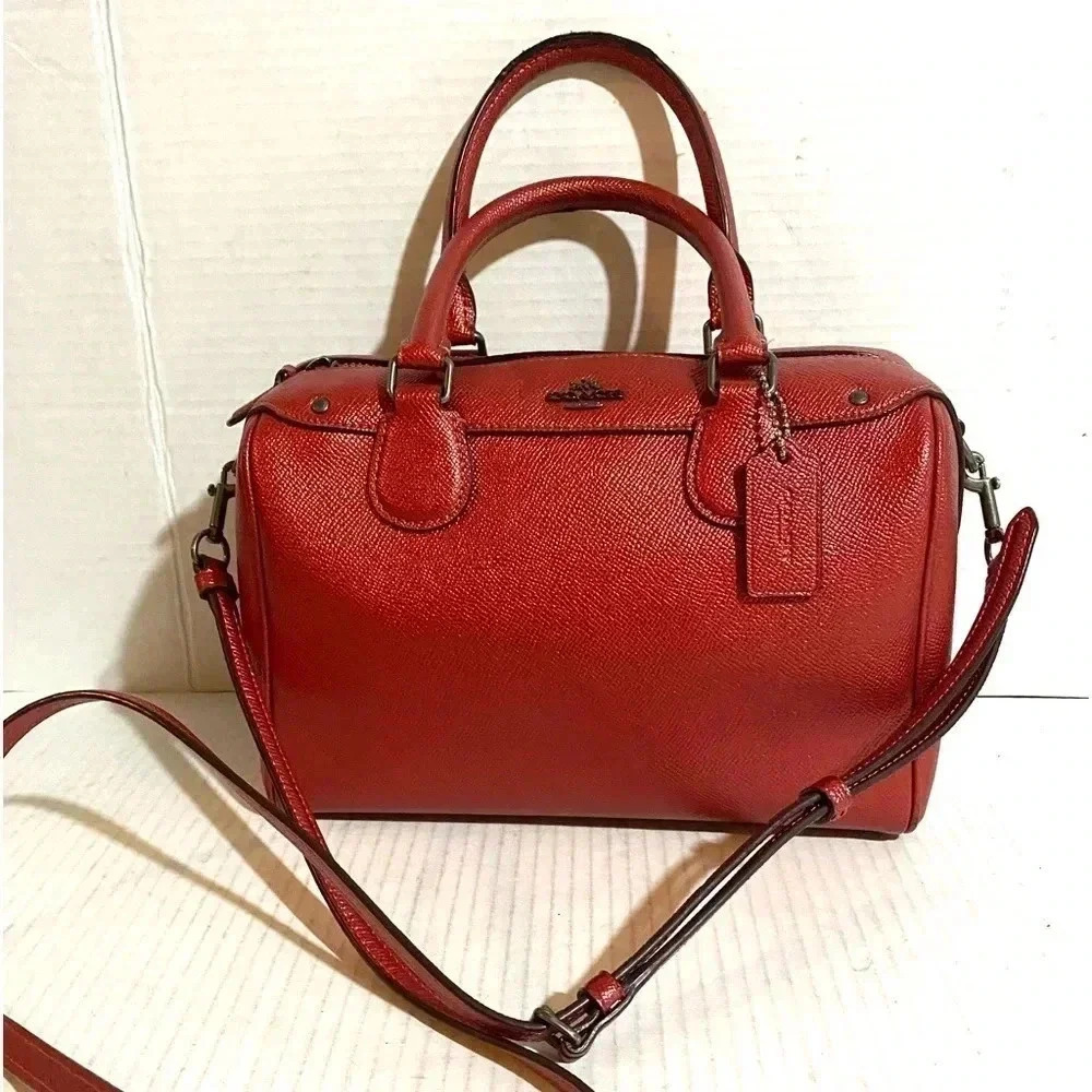 Coach red metallic leather satchel handbag